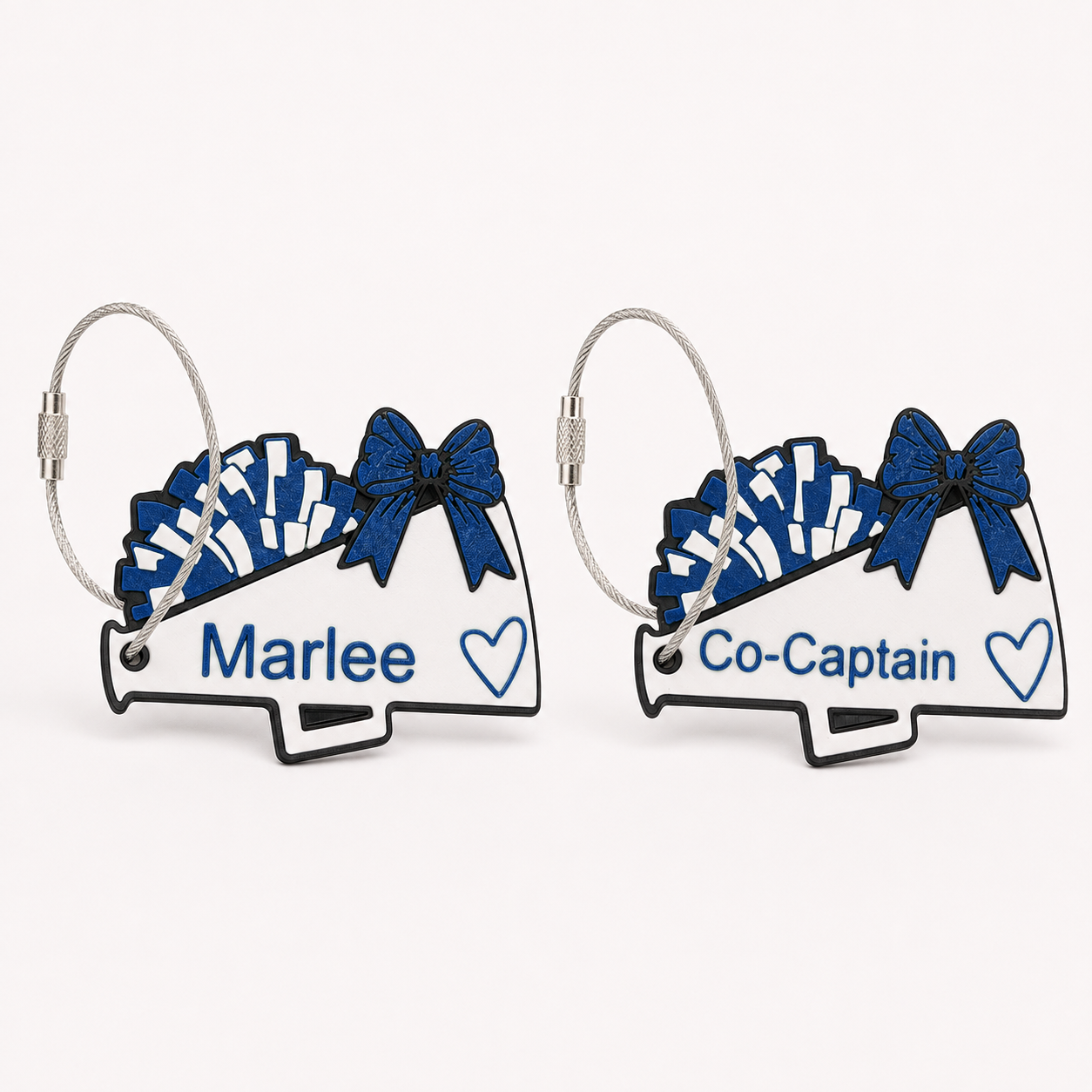 Megaphone cheer bag tags in blue — real product photo