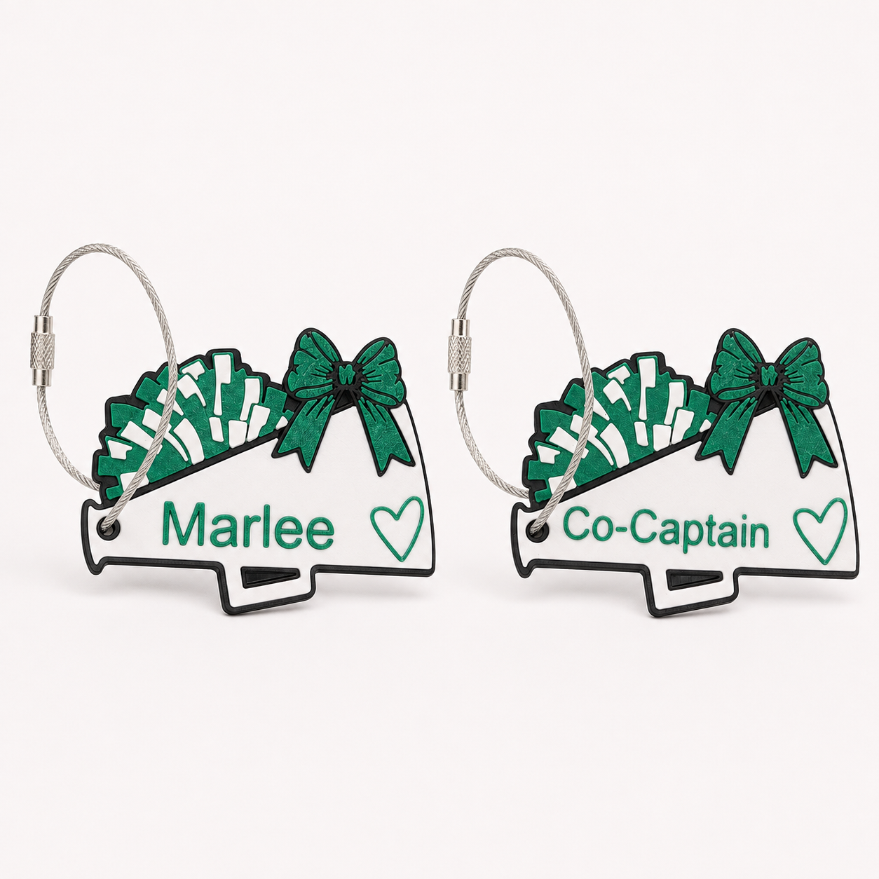 Megaphone cheer bag tags in green — real product photo