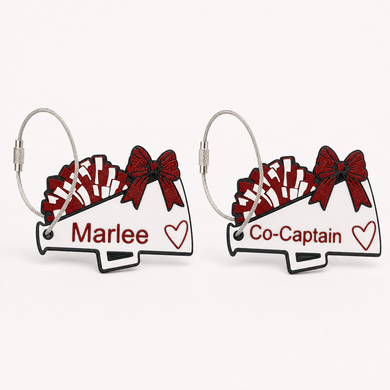 Megaphone cheer bag tags in red — real product photo
