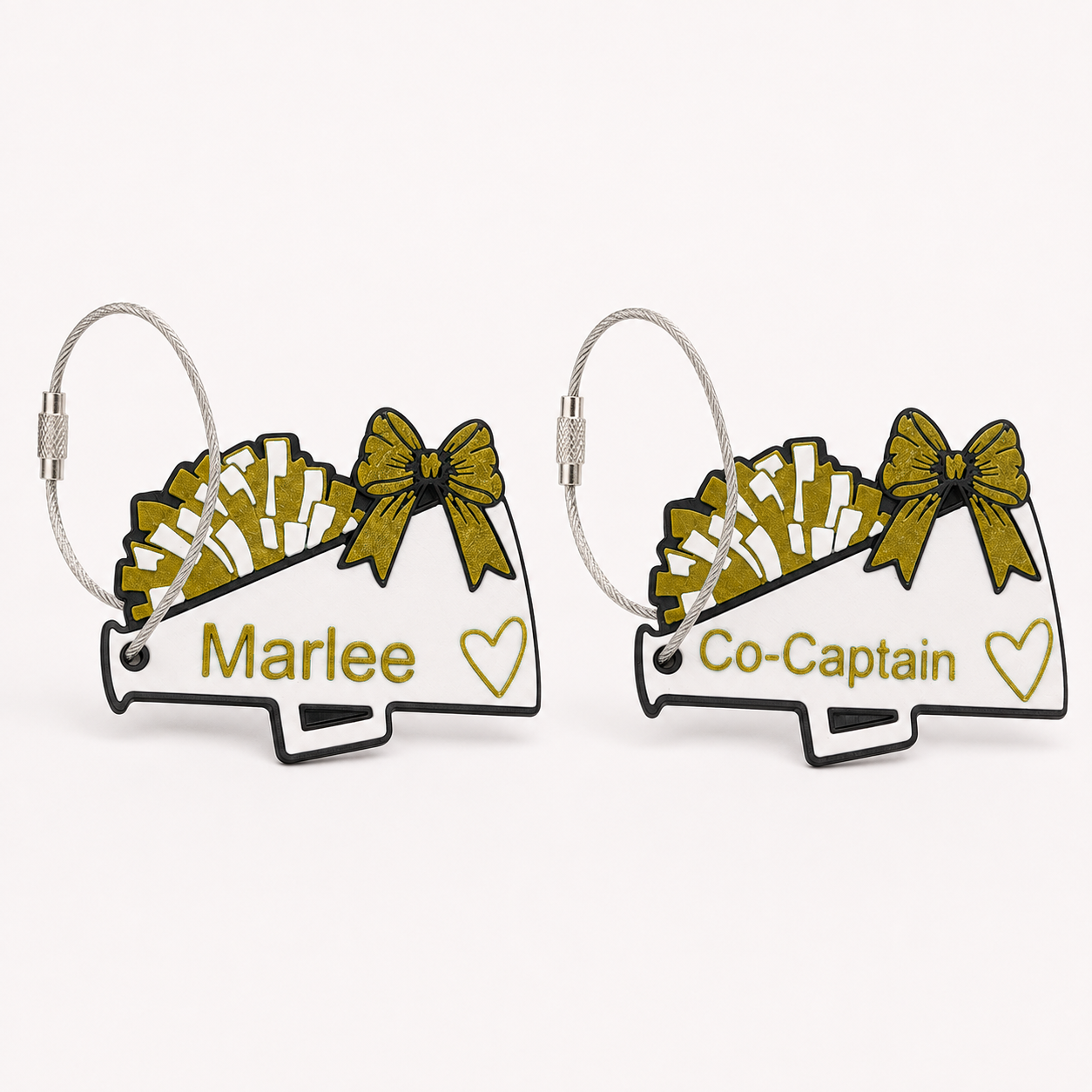 Megaphone cheer bag tags in yellow — real product photo